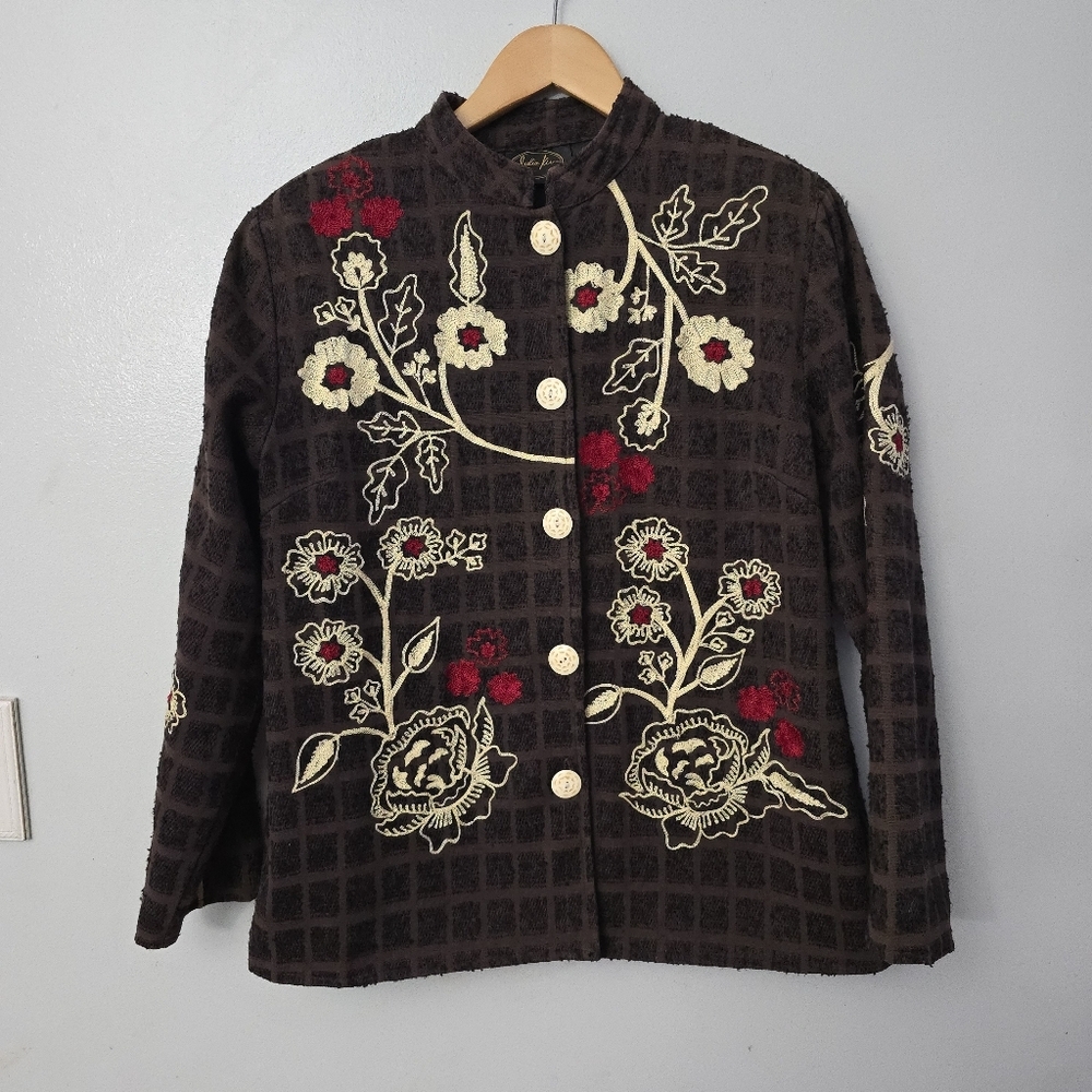 Julia Kim Embroidered Flower Blazer Size PM Button Up Dark Academia Grunge Y2K